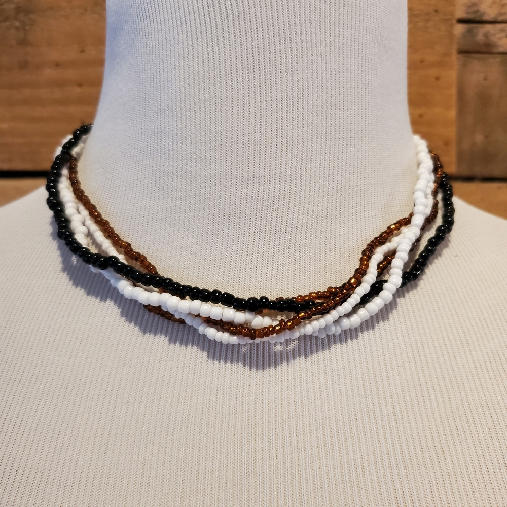 Brown, white & black multi-strand seed bead necklace